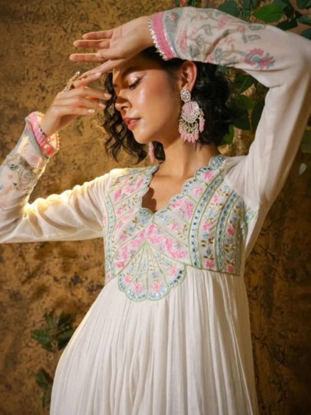 Embroidered Cream Maxi Dress with Pastel Pink & Mint Details